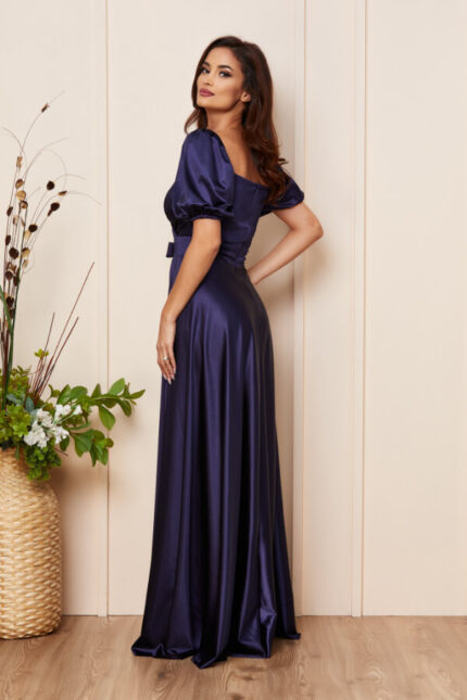 rochie lunga bleumarin din licra satinat