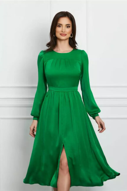 rochie eleganta verde satin cu crepeu pe fusta