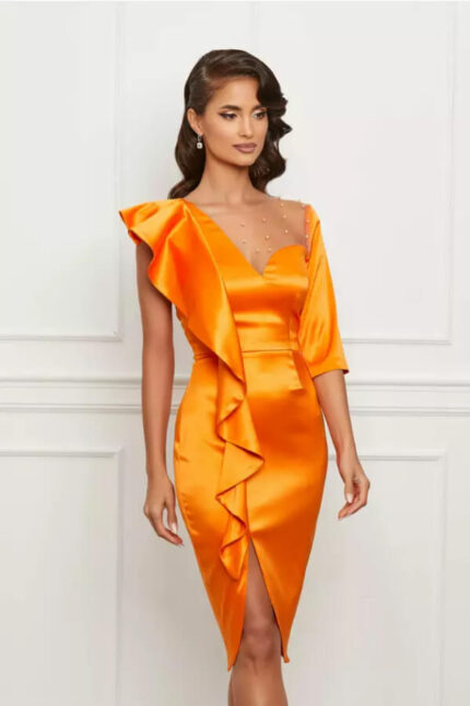rochie de ocazie portocalie cu volan si perlute
