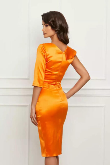 rochie de seara portocalie cu volan si perlute croi conic eleganta