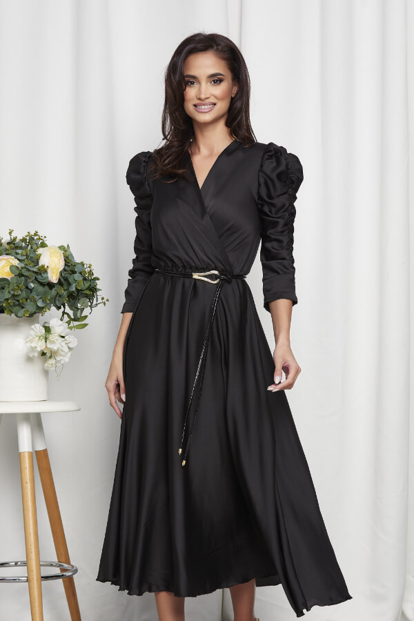 rochie eleganta neagra midi din satin cu maneci incretite vaporoasa
