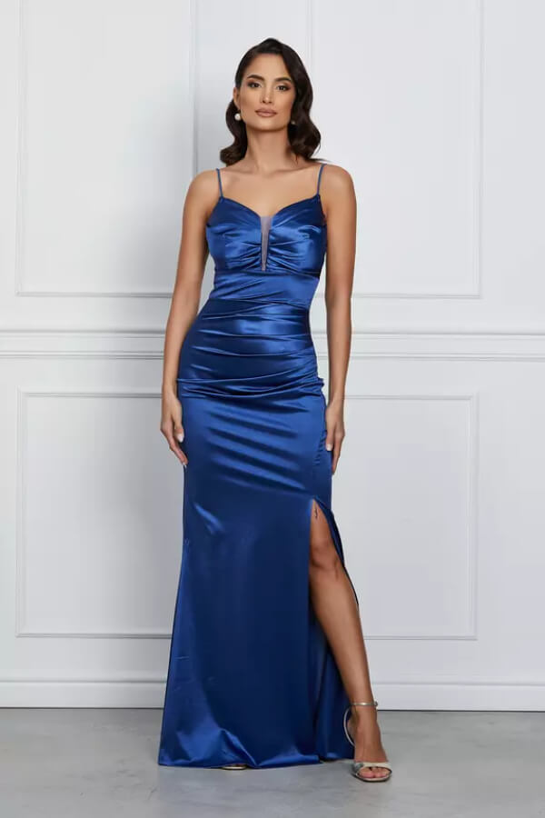 rochie lunga eleganta albastra din satin cu bretele subtiri