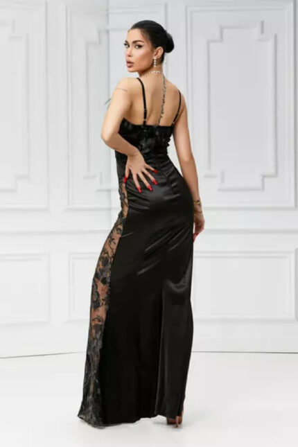 rochie eleganta lunga neagra de dama din satin cu crapatura adanca