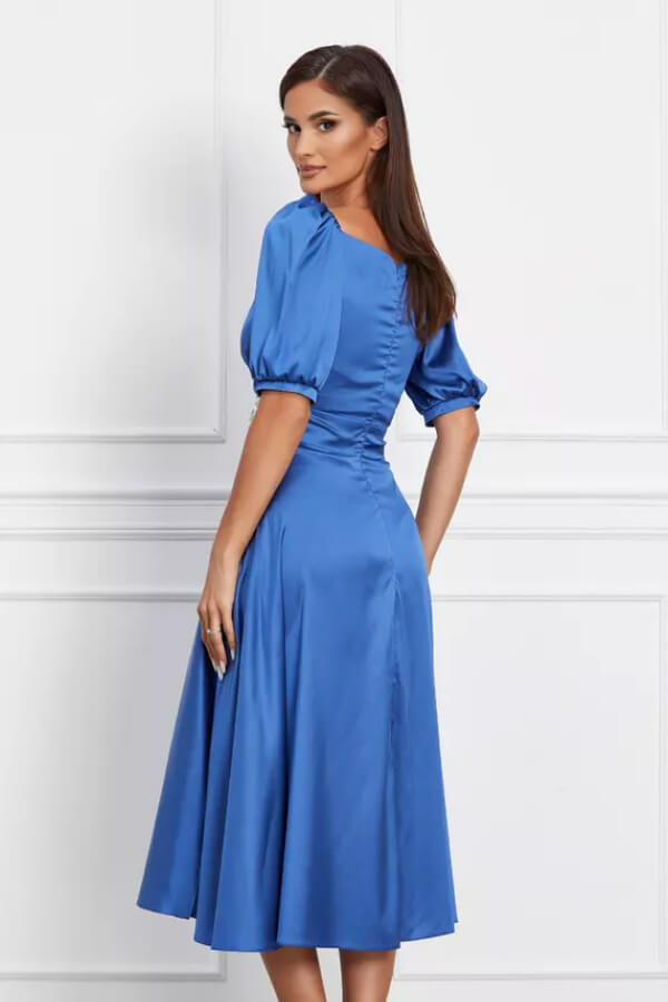 rochie eleganta albastra in clos din satin marime mare