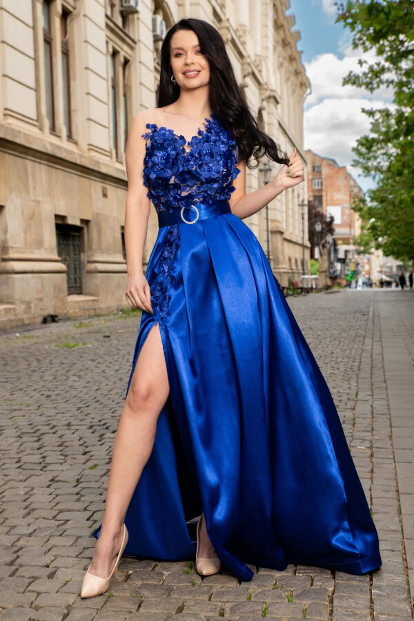 rochie albastra lunga cu flori 3D rochie albastra lunga cu flori 3D