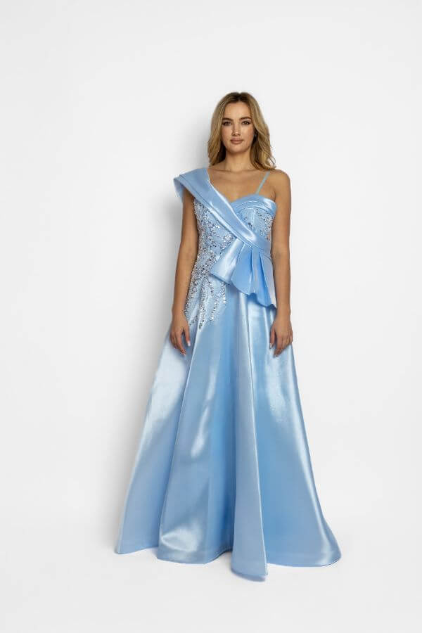 rochie lunga bleu satin cristale rochie lunga bleu satin cristale