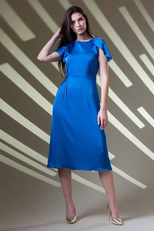 rochie albastru regal din satin cu pliuri rochie albastru regal din satin cu pliuri