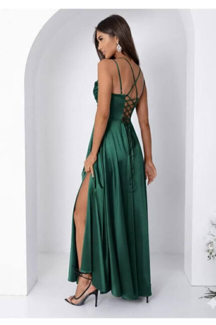 rochie de seara verde satin cu corset