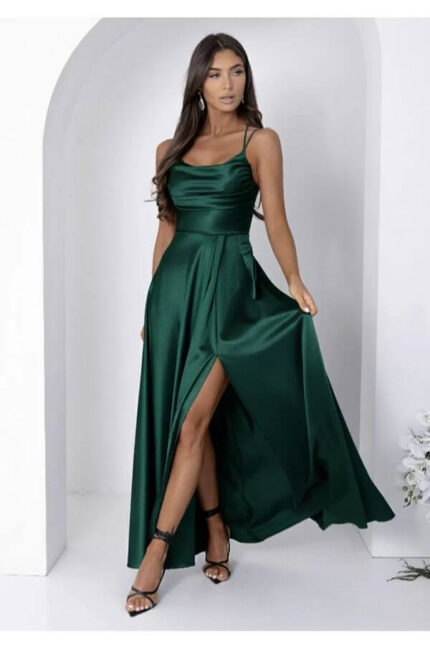 rochie lunga eleganta satin verde sticla