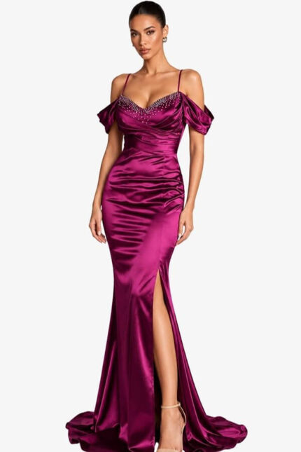 rochie lunga mov satin cu pietre