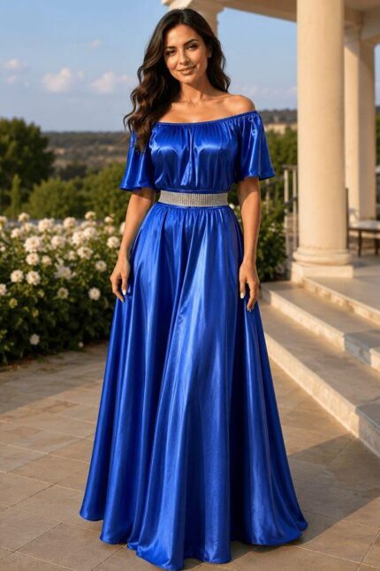 rochie lunga satin albastru regal umeri goi