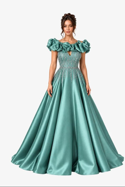 rochie printesa verde salvie satin cu volane